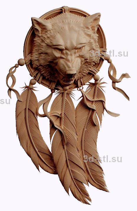 3d STL model-Wolf amulet with feathers bas-relief with animals № 048