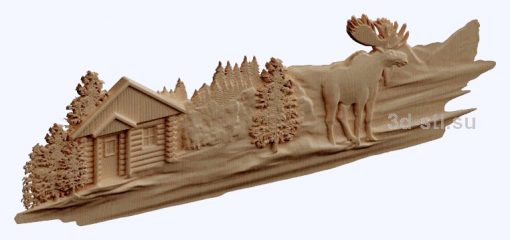3d STL model-forest hut and moose panel № 1202