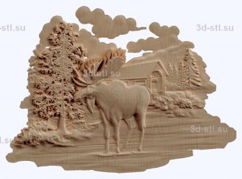 3d STL model-forest hut and moose panel № 1203